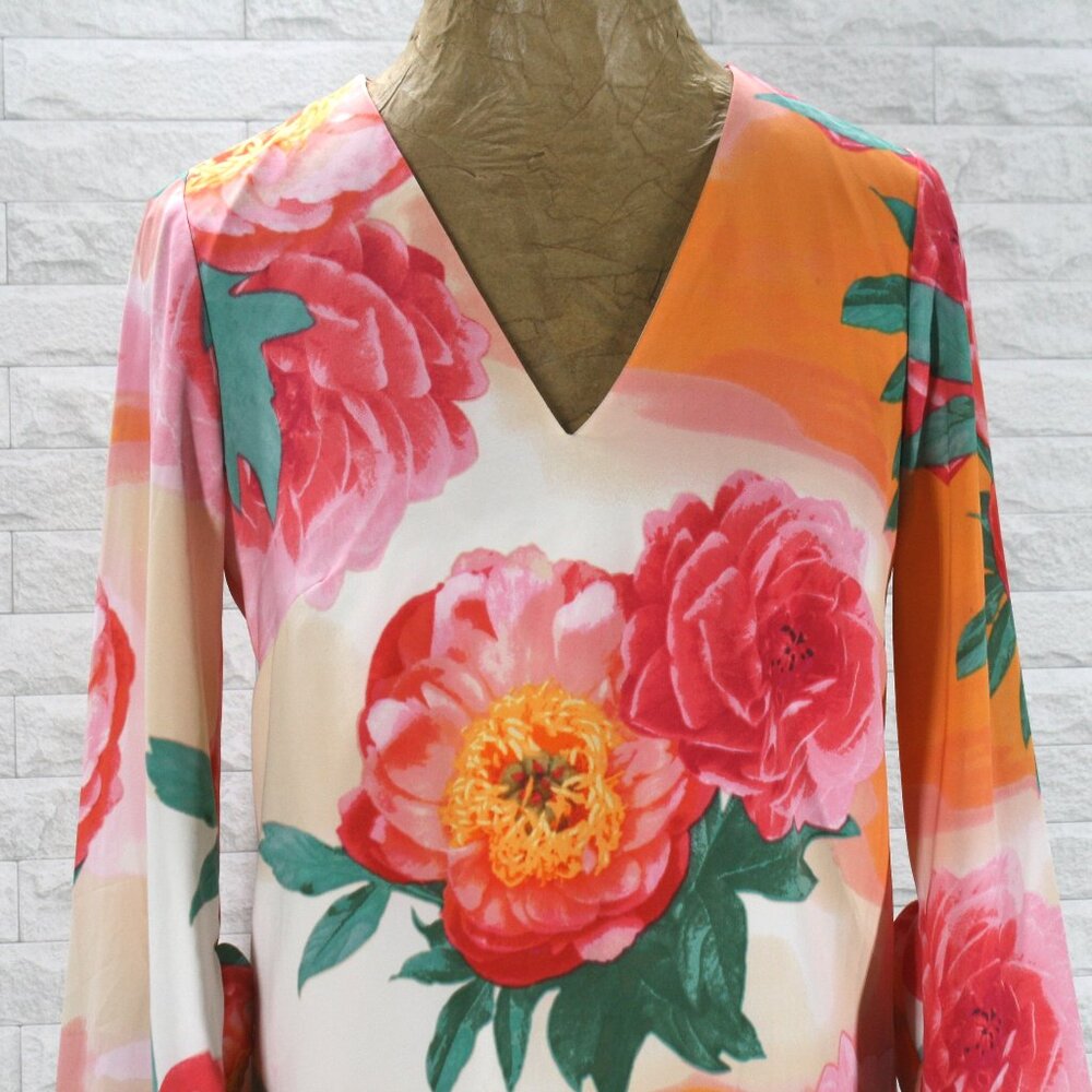 CALVIN KLEIN Ember Multi Dress Floral Bold Colorful Bell Sleeves V-Neck Orange 2 - Picture 2 of 16